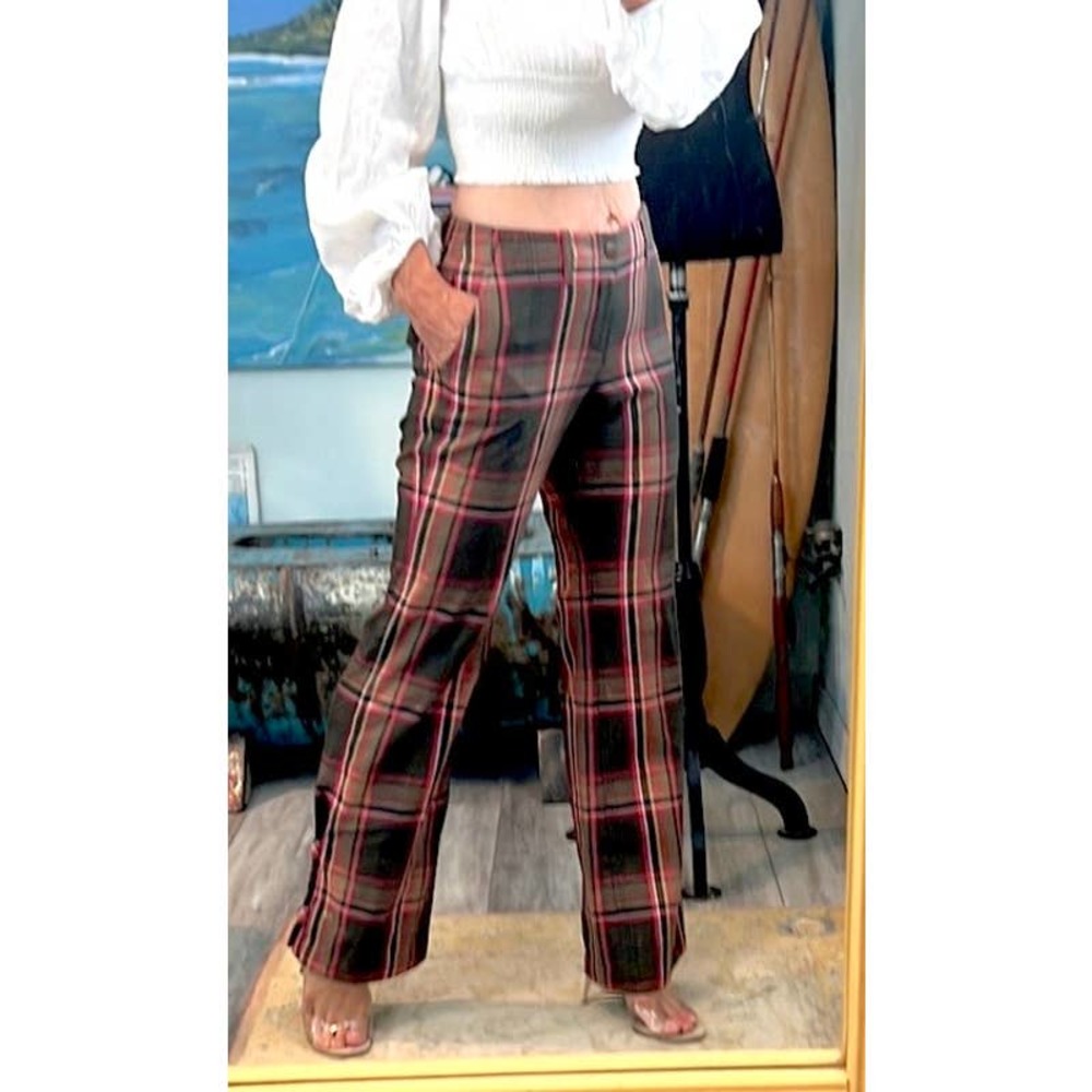Tommy Hilfiger Plaid Wide Leg Pants With Bottom Snaps - Black and Pink